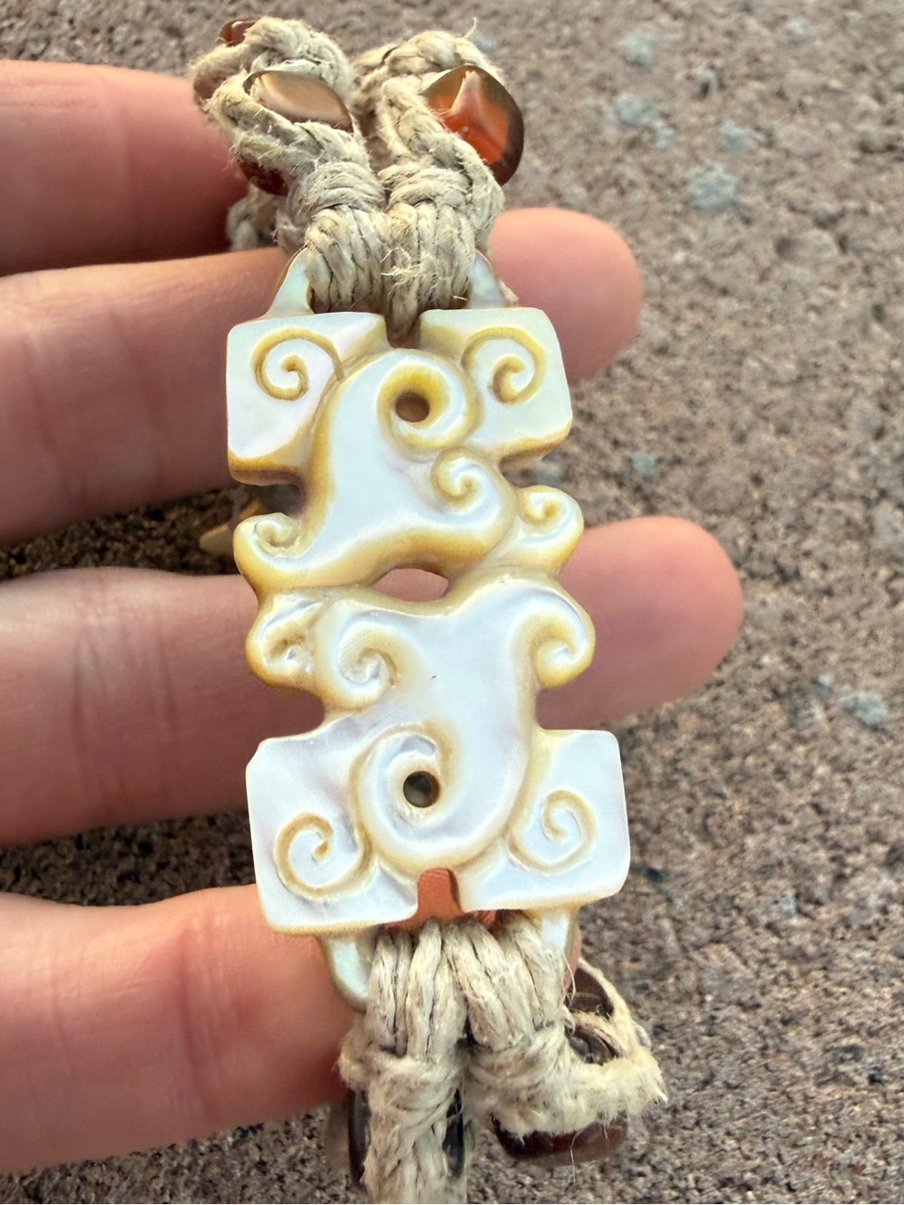 Boho Mother of Pearl Carved Hemp Macramé Bracelet Tribal Beachy
